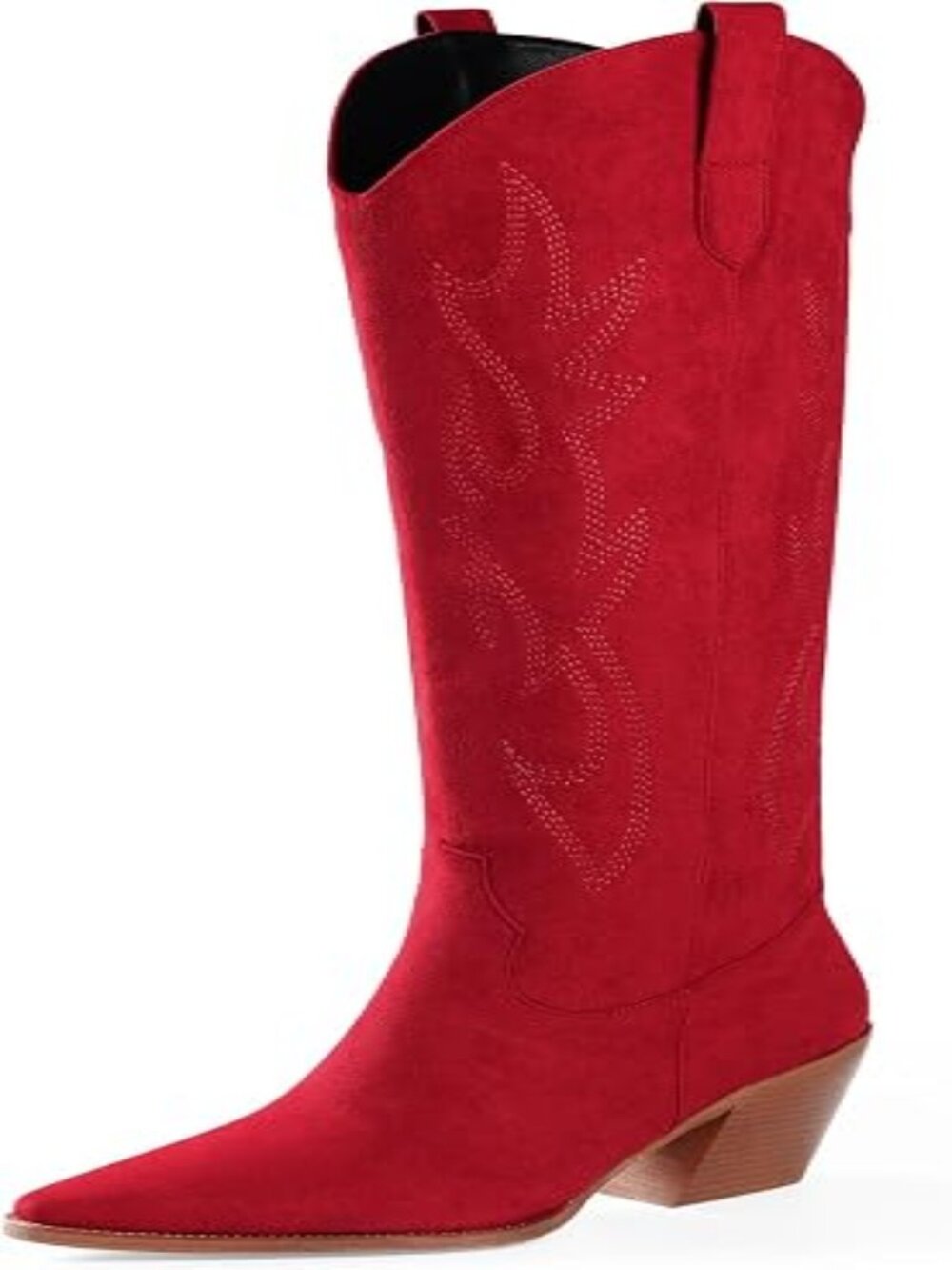 Women's Red Embroidered Pointed Toe Block Heel Suede Knee High Cowgirl Boots